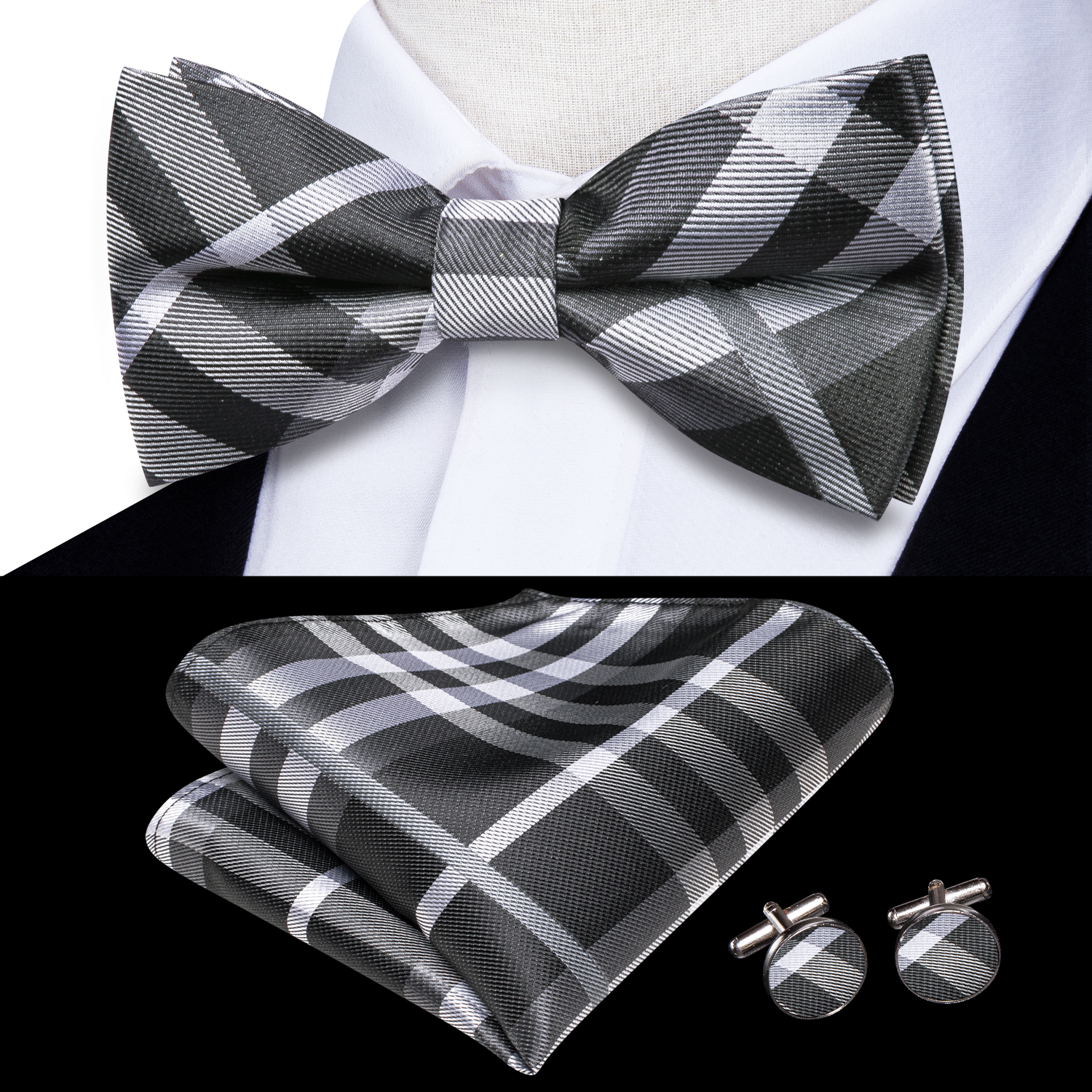 Hi-Tie Grey Plaid Jacquard Pre - đánh giá và giá Bow Tie Pre Tied
